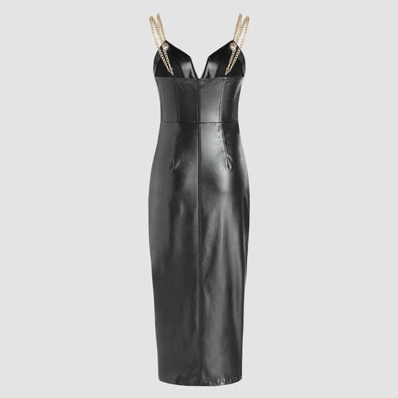 Cider Black Midi Faux Leather Dress with Gold Chain Straps - Picture 2 of 6